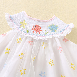 Vestiti spagnoli per bambini Boutique <span class=keywords><strong>Tulle</strong></span> bianco maniche volanti abiti con collo a o-collo <span class=keywords><strong>gonna</strong></span> a stella ricamata da ragazza - Product Image 4