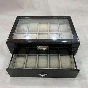 <b>Black</b> Wooden Watch Case Glass Lid Jewelry Box Lockable Storage Organizer for Watches <b>Sunglasses</b> - Product Image 1