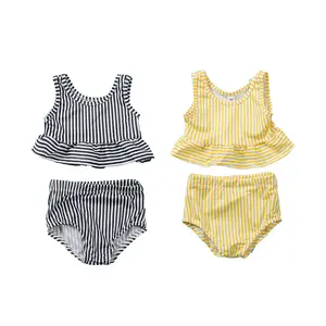 Baju bayi-ropa de verano para niños y niñas, bikini personalizado de playa con volantes a rayas, traje de baño dividido - Product Image 1