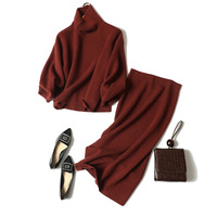 Distributeur automne cachemire pull ensemble jupe robe col roulé épaissir cachemire pull et jupe ensemble