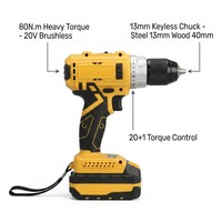 Perceuse sans fil 20V sans balais 80 Nm 2 vitesses Mandrin métallique 13 mm Ensemble 2 batteries Prix de gros direct usine Fabricant OEM/ODM