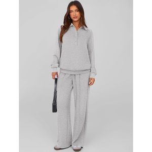 Women 2 Piece Sweatsuit Long Sleeve Quarter Button Sweatshirt Wide Leg Pants Tracksuit <b>Lounge</b> Set Casual Breathable Gray - Product Image 2