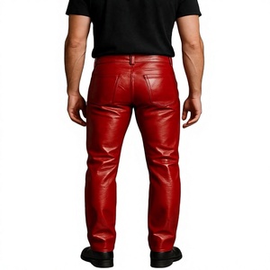 Pantalon de motard en cuir d'agneau rouge pour homme, léger, décontracté, respirant, imperméable, coupe droite, taille mi-haute, fermeture éclair - Product Image 2