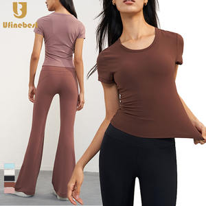 Côtelé femmes respirant sport haut court femmes vêtements de Sport Gym Fitness plaine serré T-Shirt - Product Image 1