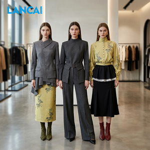 Ensemble élégant deux pièces pour femme LANCA, blazer et pantalon en mélange de laine, col mandarin brodé de fleurs, tenue formelle d'automne - Product Image 2