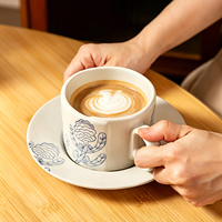 Ensemble tasse et soucoupe à café vintage peintes à la main, motif floral, glaçure bleue, tasse à latte, ensemble de thé de l'après-midi exquis, tasse et soucoupe à café en céramique