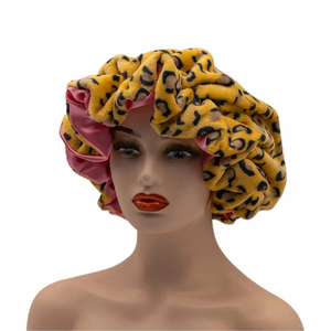 SOLPOP Bonnet de nuit pour femme en peluche motif léopard, doublure <span class=keywords><strong>satin</strong></span>ée double face, avec dentelle double couche à l'ourlet, idéal pour la maison - Product Image 2