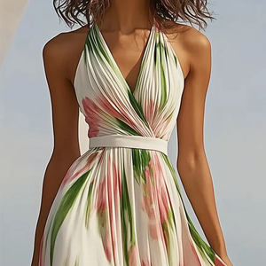 Gonne personalizzate eleganti da donna con scollo a V stampate DTG Maxi <span class=keywords><strong>abito</strong></span> 100% <span class=keywords><strong>plissettato</strong></span> in poliestere da donna - Product Image 3