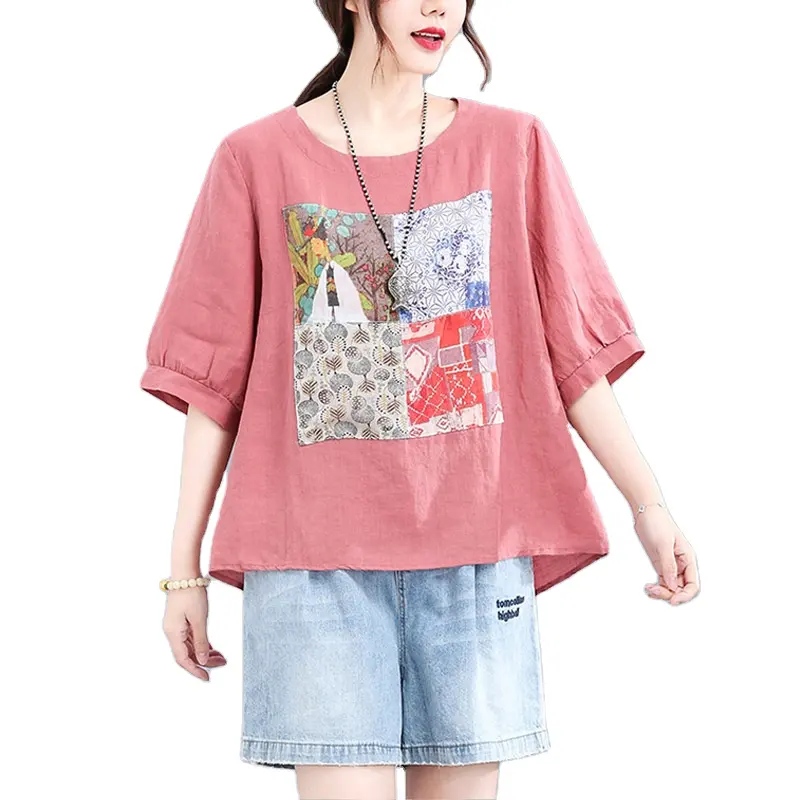 New Design Women Cotton Linen Half Sleeve Loose T-shirt Tops Clothes Back Bow Patchwork Printed Breathable Shirt Casual T-shirt