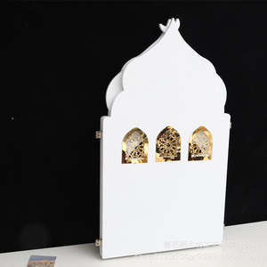 Adorno de Escritorio Estilo Mezquita de Madera Blanca con Ventanas Cortadas con Láser Dorado para Decoración del Hogar en Ramadán, Manualidades para la Sala de Estar - Product Image 1