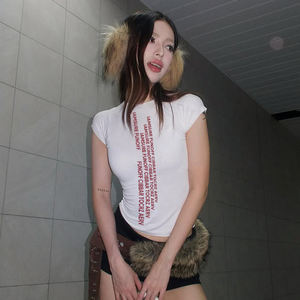 Camiseta de Manga Corta de Punto Esencial para Streetwear, Estampado de Letras Minimalista, Cuello Redondo Ajustado, Transpirable de Spandex/Algodón para Mujer - Product Image 3