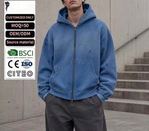 เสื้อแจ็คเก็ตสตรีทแวร์ทรงโอเวอร์ไซส์แบบมีซิปเต็มตัว ผ้าวาฟเฟิลถักลายวินเทจ ล้างสีแบบพิเศษ ตกแต่งหมุด ผลิตตามสั่ง (OEM) พร้อมฮู้ดดีไซน์ดิสเทรส - Product Image 1