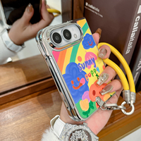 Étui en cuir avec cadre électroplaqué tendance pour iPhone Duo 18, étui pliable pour téléphone avec bracelet et cordon, motif de peinture à l'huile de dessin animé