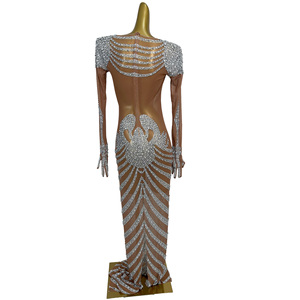 Vestido largo de noche ajustado con pedrería de esqueleto y mangas largas brillantes para Halloween, talla grande, para mujer, para espectáculos de cantantes - Product Image 4