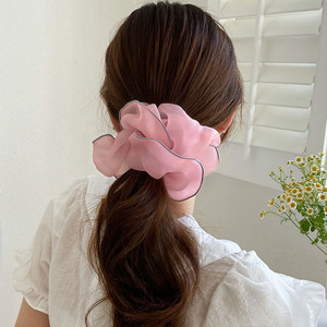 Bellaworld all'ingrosso grandi fasce per capelli in tessuto elastiche primavera con bordo Organza cravatte elastiche per le donne e le ragazze - Product Image 3
