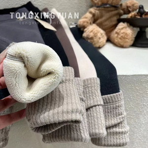 Tongxingyuan Fleece-lined Leggings For Baby Girls Autumn Winter Cotton Knitted Solid Color Straight Fit Long Pants - Product Image 1