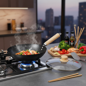 Sartén Wok de acero comercial con mango de madera de 26cm de diámetro, diseño de panal de estilo chino para cocina de inducción de Gas, tapa de vidrio incluida - Product Image 3