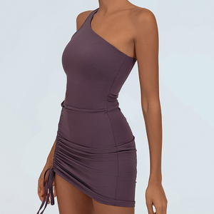 Jupe de sport/yoga/tennis plissée à cordon de serrage, couleur unie, très extensible, effet seconde peau, asymétrique, pour femme - Product Image 2