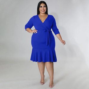 Vestido de Talla Grande con Escote en V, Color Sólido, Estilo Europeo y Americano, con Cordones, Abertura en la Cadera y Volantes - Product Image 6