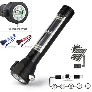 太阳能手电筒应急7模式灯USB充电太阳能手电筒，带玻璃断路器指南针