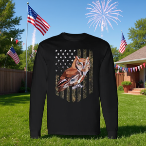 Maglietta a maniche lunghe con bandiera americana Eastern Screech Owl, design del 4 luglio - Product Image 3