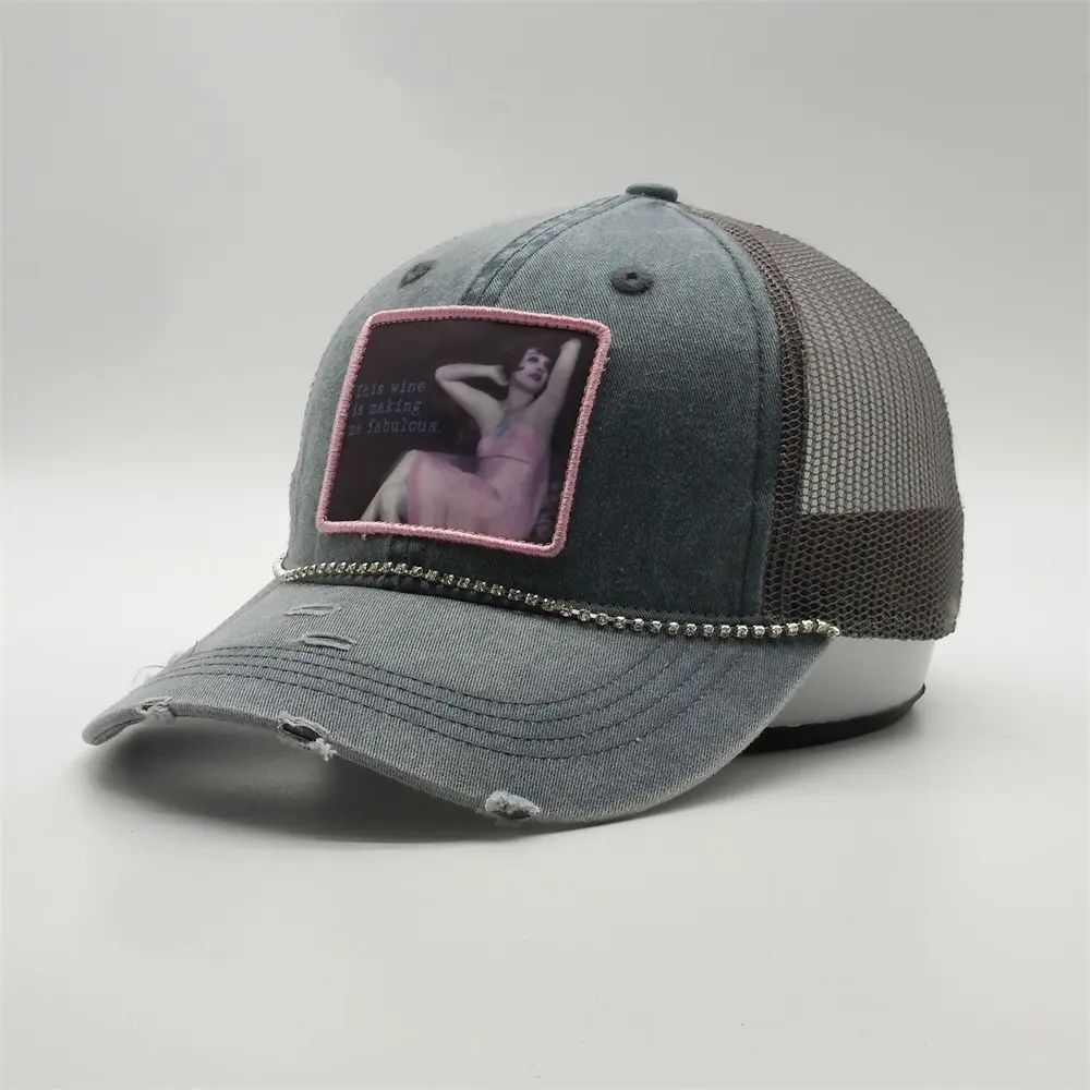 Vintage Distress Denim Cap, Print Patch Logo Custom Mesh Womens Mens Hat, Fashion Unstructured Ponytail Trucker Cap