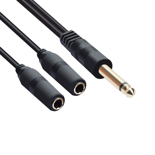 1/4" 6.35mm Mono Plug Male to Dual Jack Female Socket Y Splitter Audio Cable with Braid Shielding and PVC Jacket
