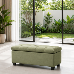 Pouf de rangement moderne en tissu vert avec dessus capitonné pour salon - Product Image 1