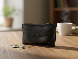 Porte-monnaie en cuir véritable 13 cm x 7 cm avec double fermoir, minimaliste, unisexe - Product Image 2