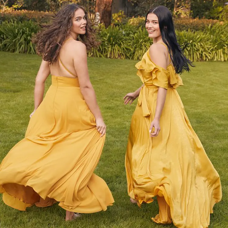 Однотонное Платье макси с оборками на рукавах, летние Желтые Длинные Платья для подружек невесты, повседневное женское элегантное платье с открытыми плечами для женщин