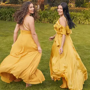 Plain solid color maxi ruffles sleeve summer yellow long bridesmaids dresses casual women elegant off shoulder dress for women