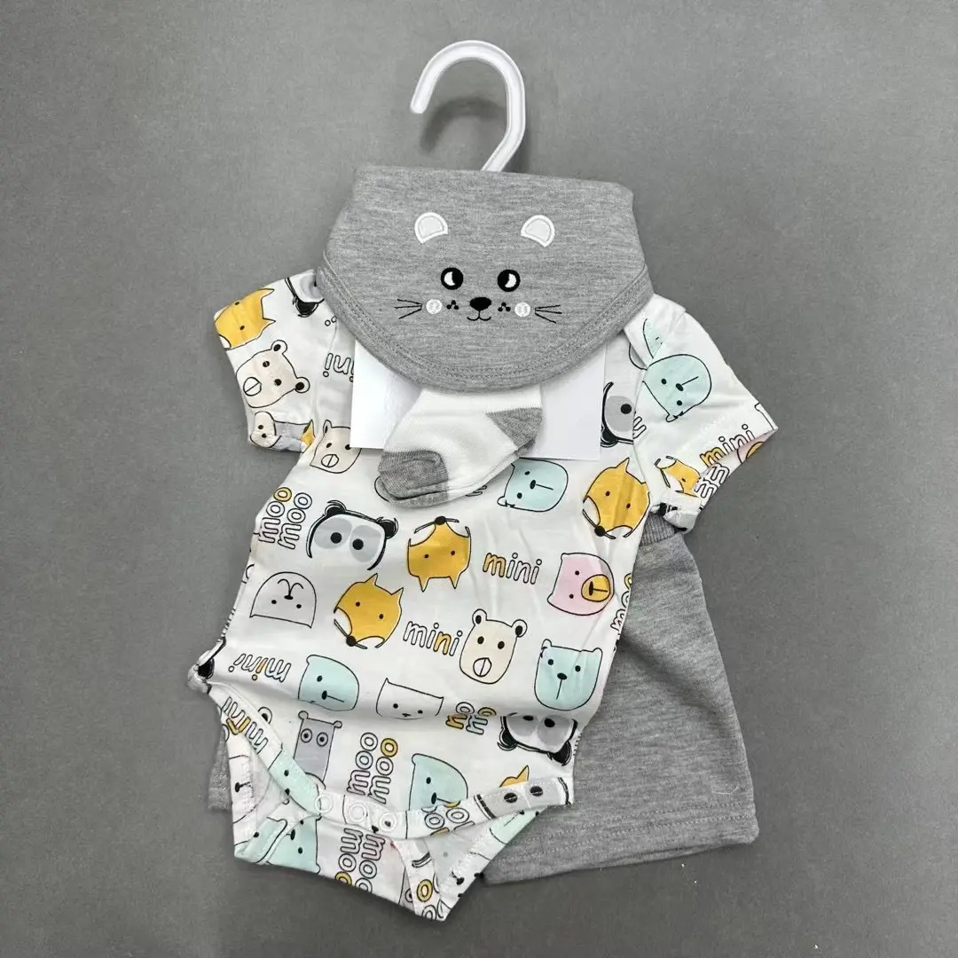 WEN Lot de 3 vêtements décontractés avec poche pour bébé garçon Ensemble de vêtements en coton à manches courtes pour nouveau-né de 0 à 4 ans