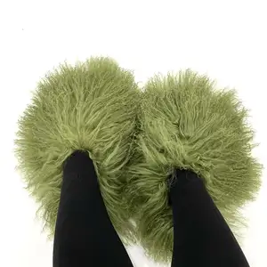 2024 New Designer long hair sheep fur slides Mongolian fur slippers with customized color
