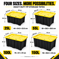 Boîte de rangement robuste avec base noire et couvercle jaune à clipser, pour la maison, la buanderie, le garage, le camping