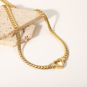 Women's Gold Plated Stainless Steel Punk Fashion Jewelry <b>Set</b> Heart-Shaped Cuban Chain Flat Snake Chain Necklace and <b>Bracelet</b> - Product Image 3