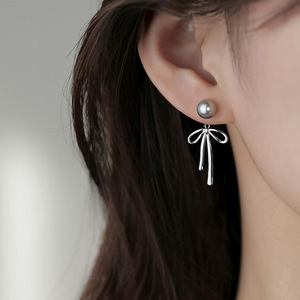 Nouvelles Boucles d'Oreilles Pendante Longues Grises en Perles avec Nœud Élégant et Simple, Style Coréen Tendance, pour Femme, Bijoux Féeriques en Métal Doux et Esthétique - Product Image 3