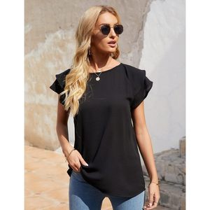 Chemisier d'été décontracté en mousseline de soie pour femmes, manches courtes, volants, coupe ample, noir, taille S - Product Image 2