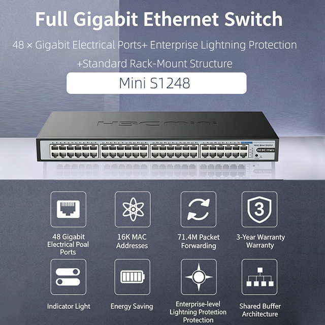 New H3C Mini S1248 48-Port Gigabit Ethernet Switch with 10G Support POE VLAN 96Gbps Capacity SNMP QoS 71.4Mpps