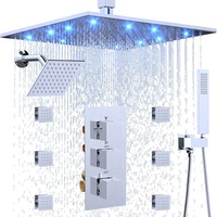 HOMEDEC Douche carrée 3 poignées en chrome poli avec LED 12 po pour plafond et mur, mitigeur 4 voies et jets corporels à main
