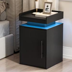 Mesita de Noche Estrecha de Madera MDF Negra Contemporánea con Puerta <span class=keywords><strong>y</strong></span> Luces de Control para Apartamento, Hogar, Dormitorio - Product Image 5