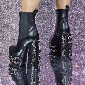 Punk Short Booties Metal Chain Spike Rivets Round Toe Platform Shoes Women Ankle <b>Boots</b> High Chunky Heel Big Size 47 - Product Image 4