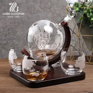 Botol Minuman Keras 850ML Cocktail Lotus Botol Kaca Vodka 1000Ml Set Decanter Globe Kaca Ukir dengan 4 Peta Set Kacamata