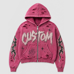 Wholesale Vintage Wash Zip Hoodie Floral Applique Graphic Embroidery Distressed Oversized Streetwear Custom Men Hoodie - Product Image 2