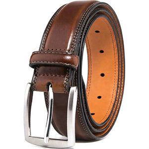 <b>Brown</b> Genuine Leather <b>Belt</b> <b>Men</b> Formal Solid Color Pin Buckle Silver Rectangular Durable Style - Product Image 1