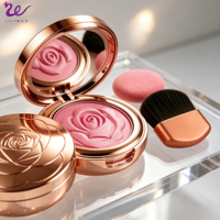 Maquillaje Profesional de Marca Privada, Vegano, Rubor Mineral en Polvo de Alta Pigmentación, Color Oro Rosa, Espejo Compacto, Brocha, Diseño de Rosa Tallada