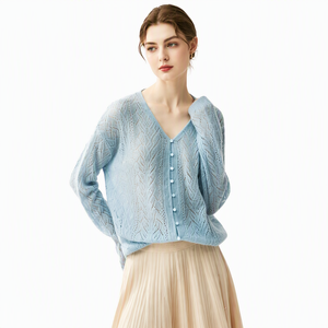 Cardigã Feminino Personalizado OEM ODM com Decote V Cropped, Renda Vazada, Tricô Jacquard, Manga Longa e Botões – Atacado e Marca Própria para Pedidos em Lote - Product Image 1