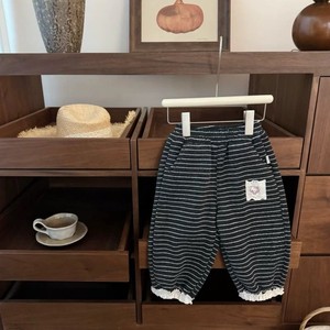 Girls Striped Fleece <b>Lined</b> Casual <b>Pants</b> With Lace Trim Cotton Material For Kindergarten Kids - Product Image 3