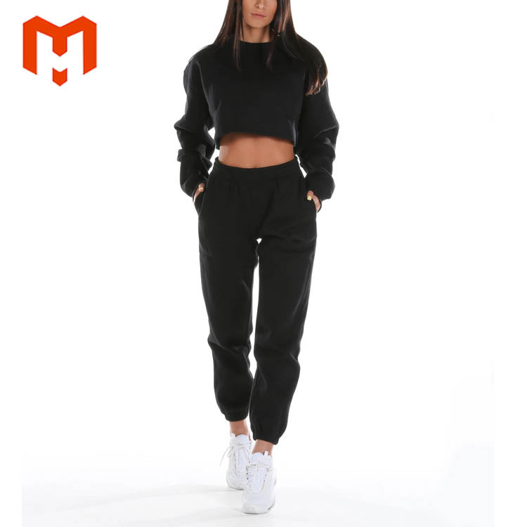 Jogging En Coton Noir Femmes 2 Pièces Ensemble Survêtements Logo Personnalisé Plaine Survêtement Pour Les Femmes