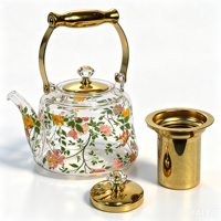 Théière en verre borosilicate à imprimé floral avec poignée dorée et infuseur en acier inoxydable 304 MH-11