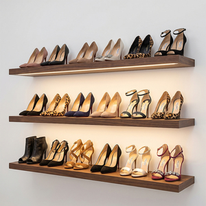 Étagères à chaussures flottantes en bois artisanales avec éclairage, organisateur de chaussures personnalisé, décoration <span class=keywords><strong>murale</strong></span> flottante en bois de 180 cm - Product Image 2